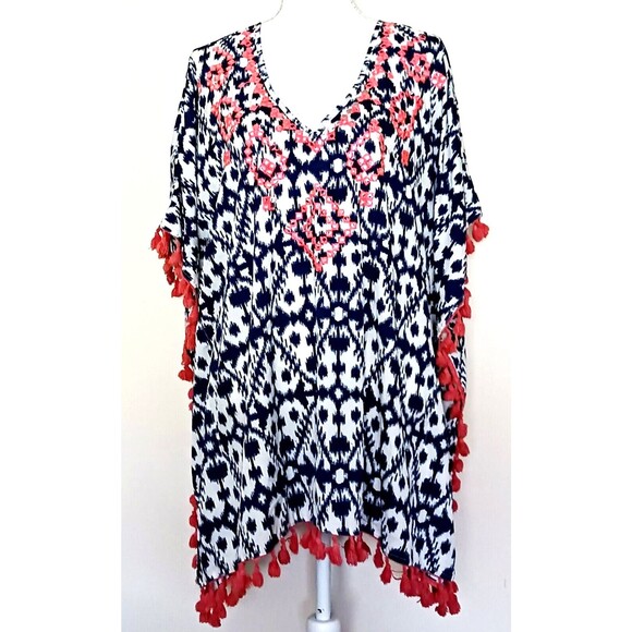 Beaches & Boho Swim Cover Up Blue Ikat Coral Tassel Fringe S/M - Picture 8 of 8